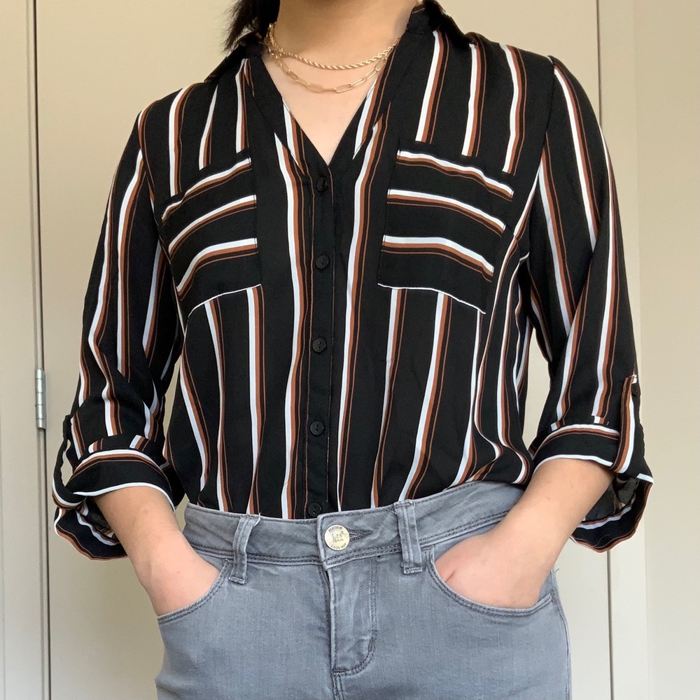 Sheer Black and Bronze Striped V-neck Button Up Blouse